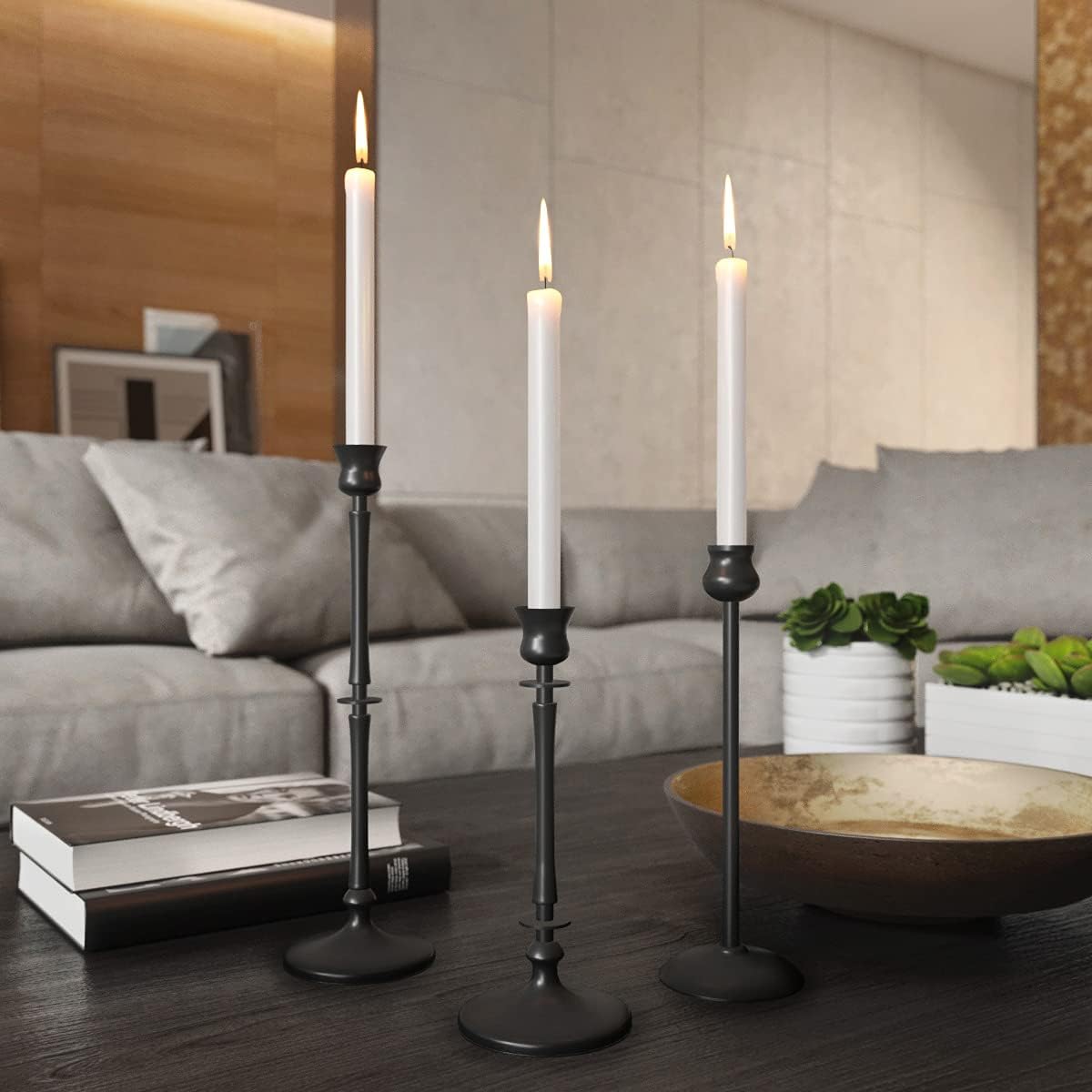 Matte Black Taper Candlestick Holders Set of 3 - Metal Candle Stick Holders
