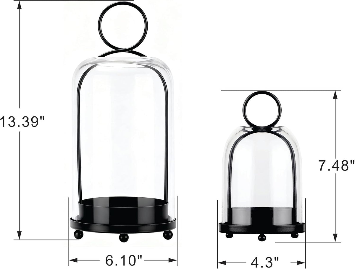 6" & 4" Wide Versatile Modern Metal Hurricane Lantern with Handmade Sturdy Glass Dome in Black for Pillar Candle &