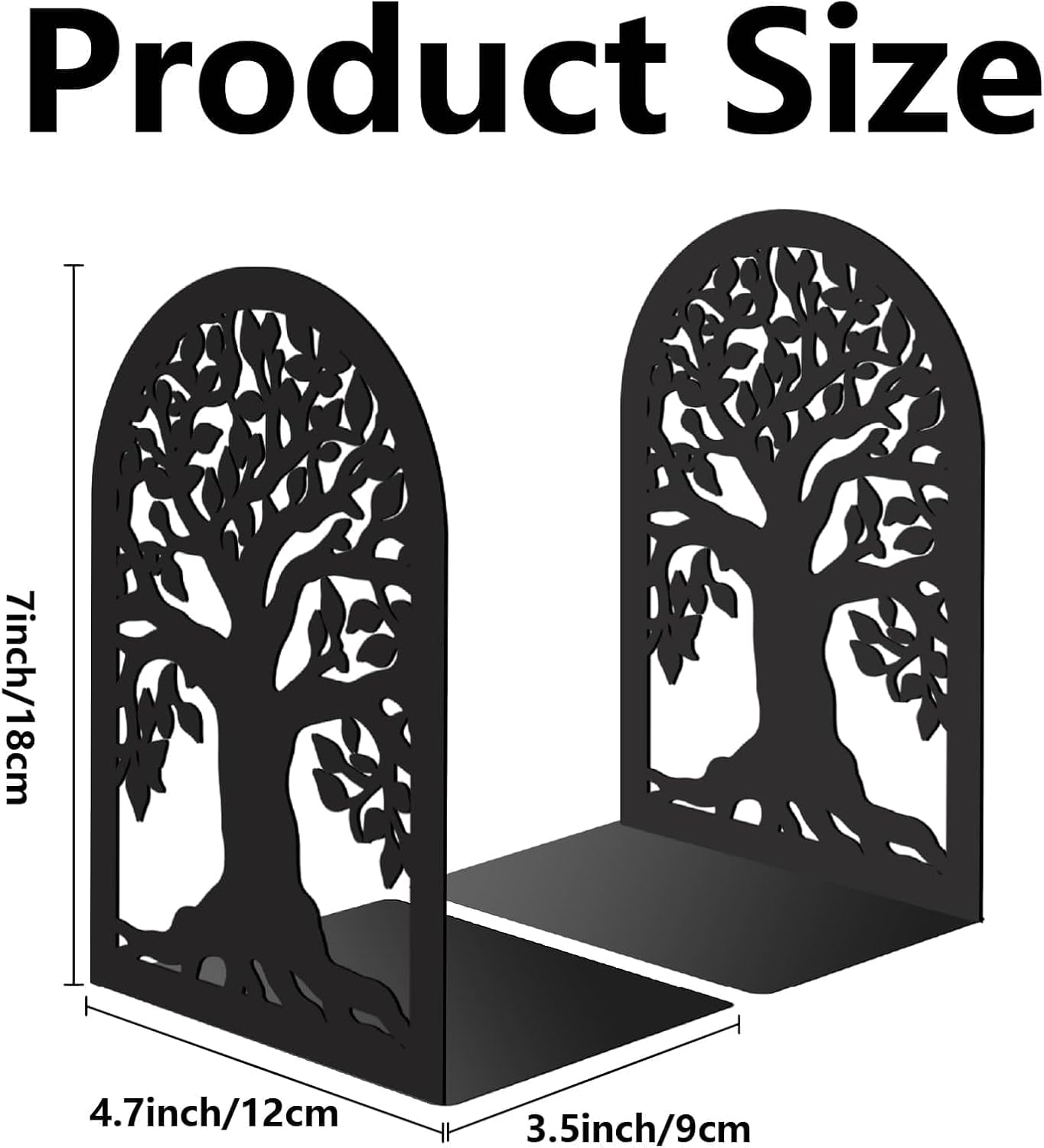 1 Pair Metal Bookends Heavy Duty Study Non-Skid Creative Decorative Small / Tree of Life / Black