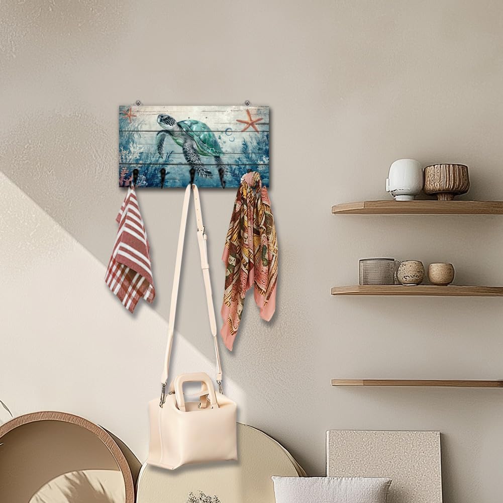 Sea Turtle Ocean Key Holder Key Hooks Organizer Hanger Rack Wall Mounted Wooden Key Rack