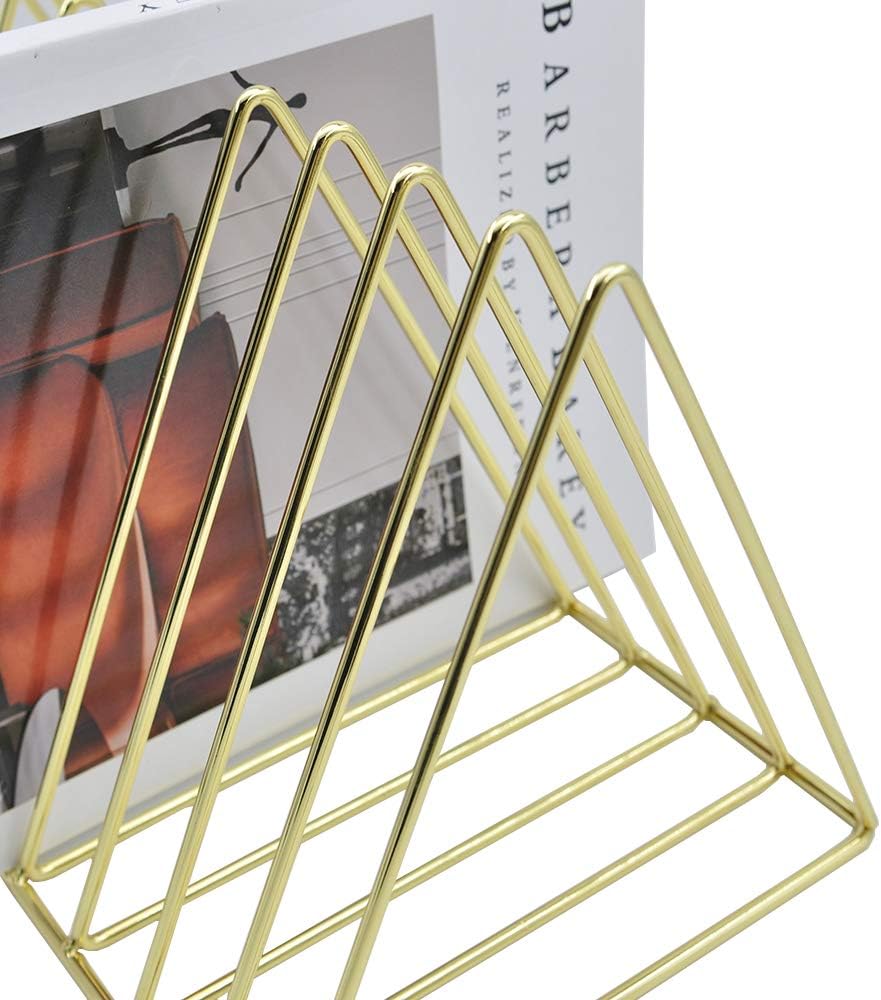 Gold File Holder Organizer, Triangle Record Album Holder Magazine Wire Rack, 9 Slot Multifunction Desktop Storage Decor