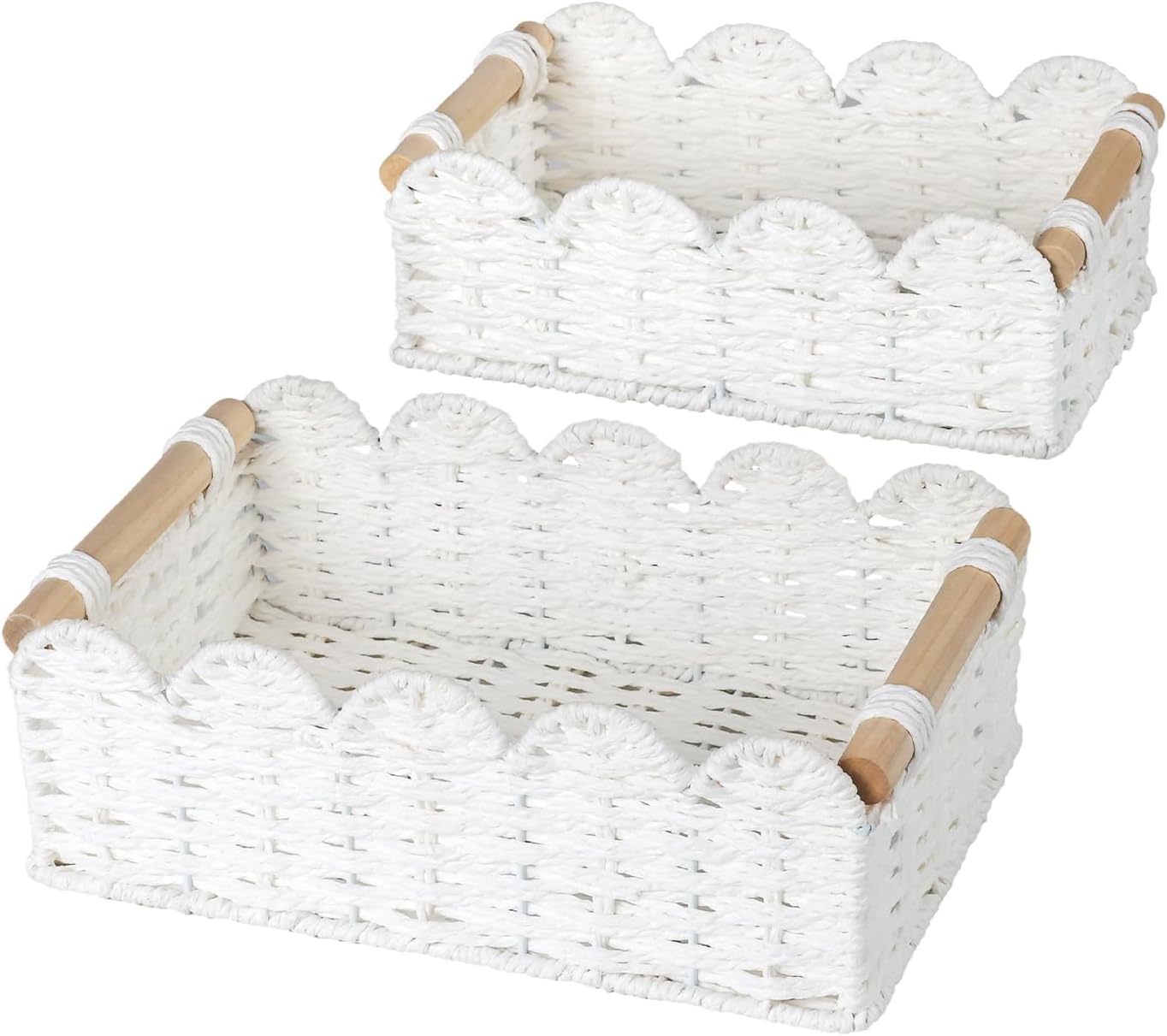 Wooden Handles Hand-Woven Organizer Bin / White-b / Set of 2