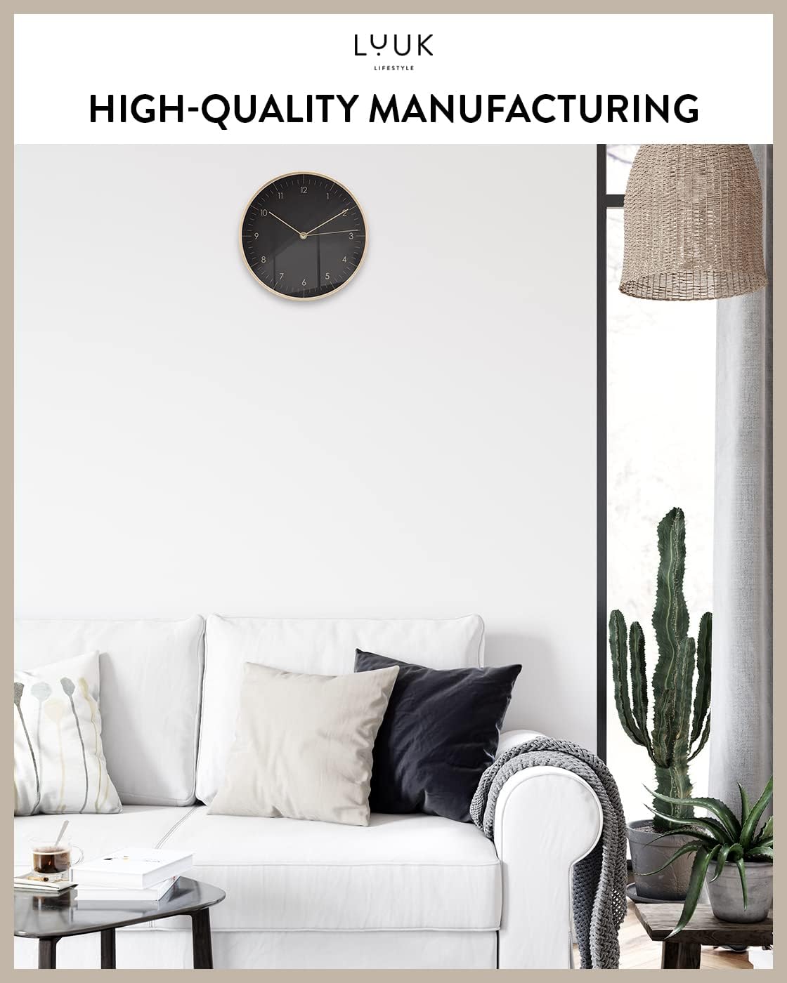 Modern Silent Quartz Wall Clock, 10in, Black & Gold | Chic & Minimalist, Non-ticking, Analog, Arabic numerals