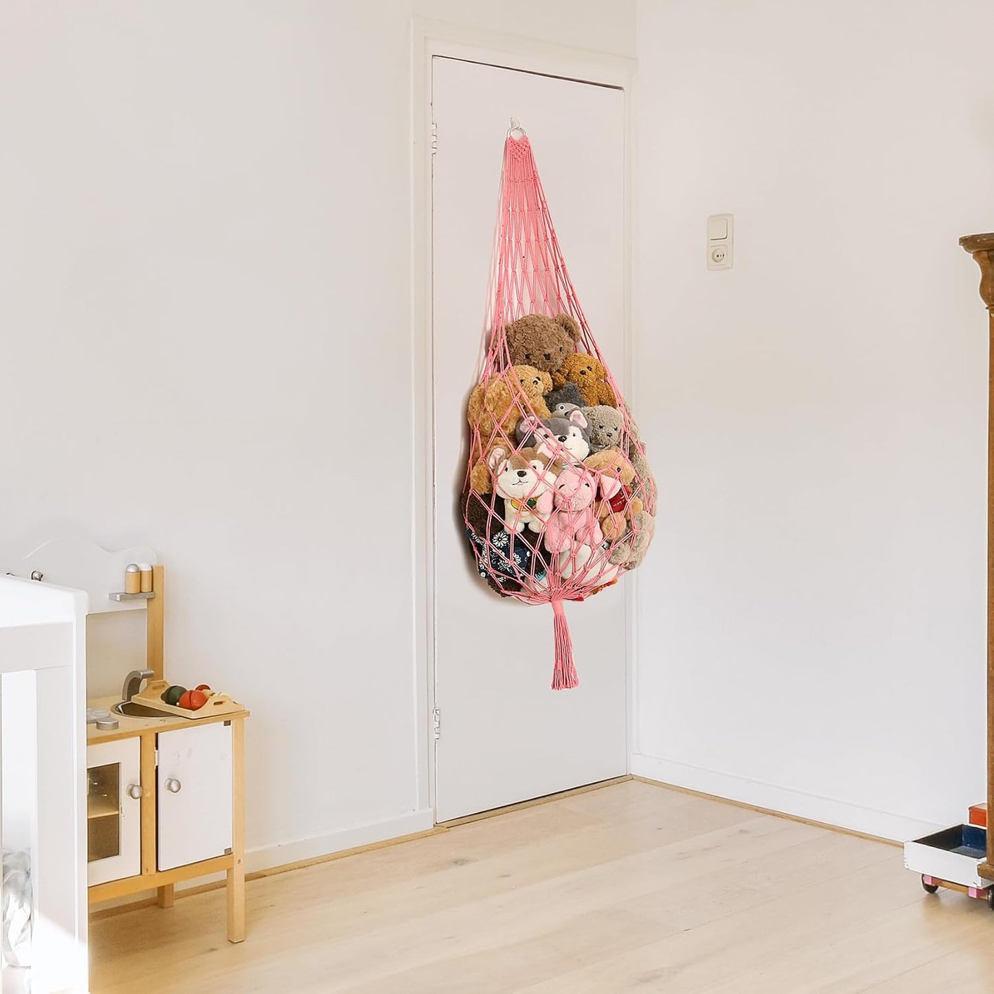 Stuffed Animal Net or Hammock Corner Hanging Net for Stuffy Animal Storage Macrame Toy / Pink / L