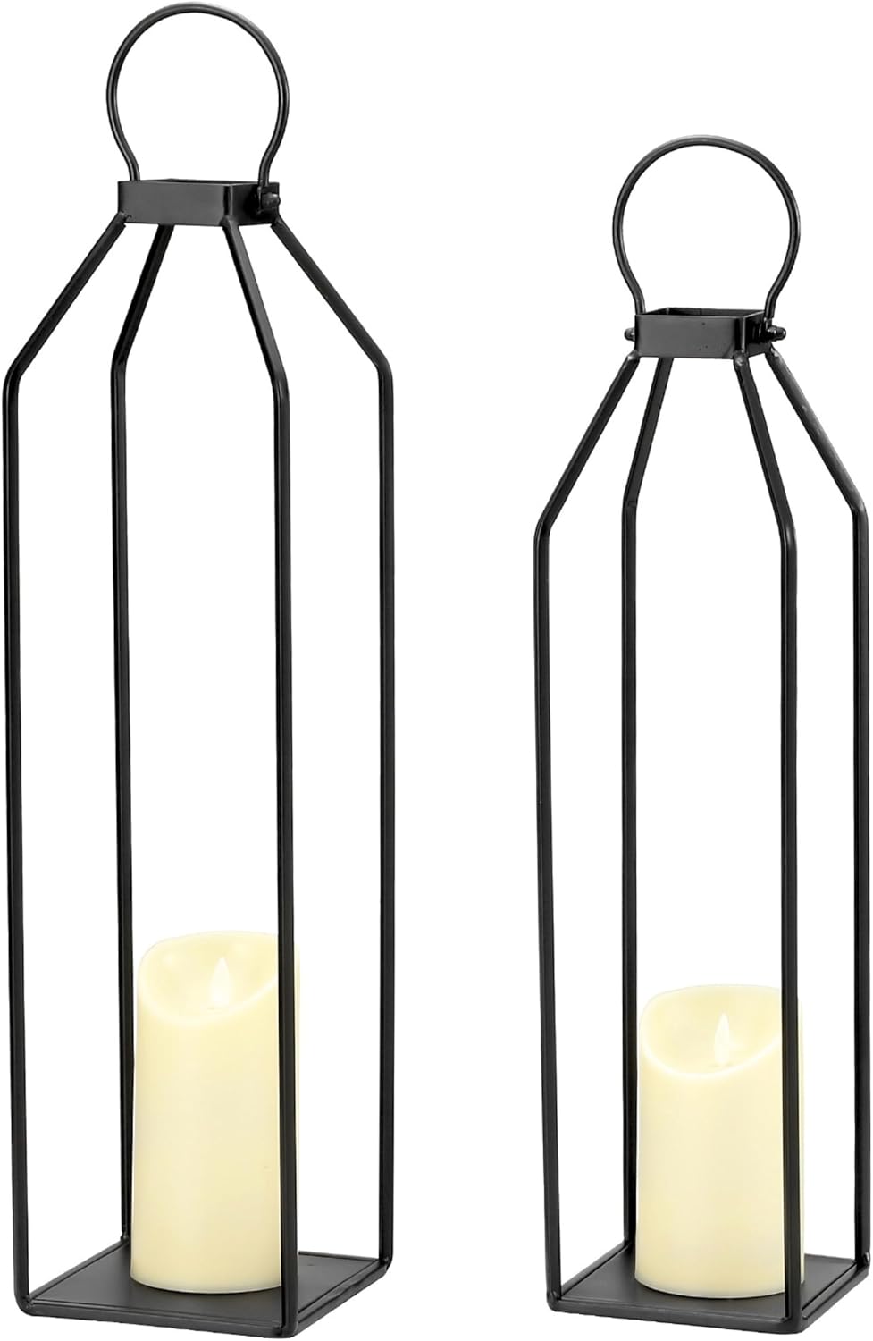 Perfnique Modern Farmhouse Lantern Decor, 19.7'' 22'' Set of 2 Black Metal Lanterns, 2 LED 6hr Timer Flickering