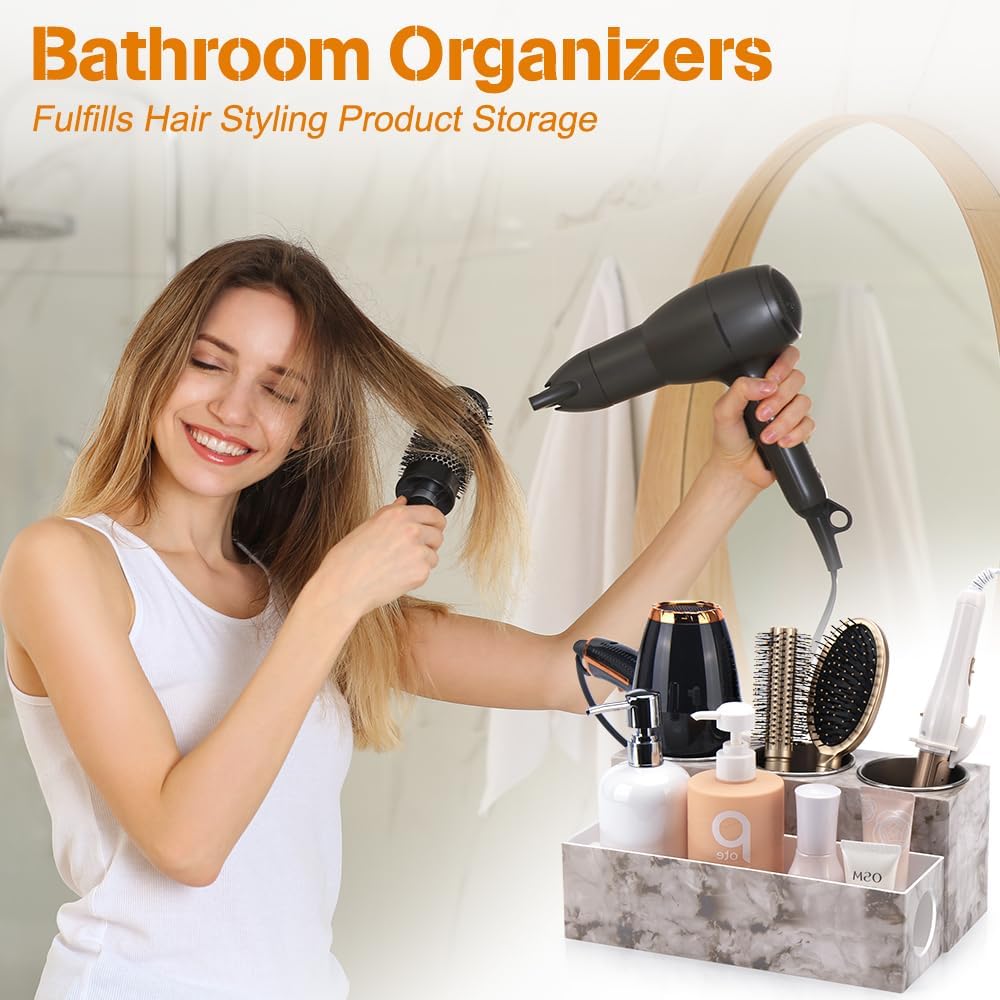 GFWARE Hot Hair Styling Tool Organizer with 3 Stainless Steel Cups, Marble | Hair Accessories Bathroom Vanity Storage