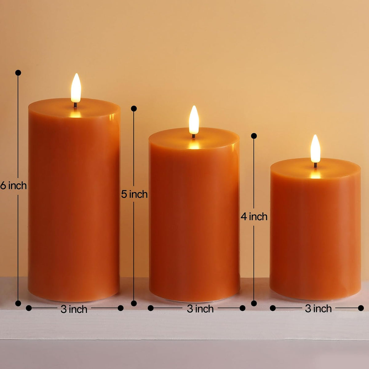 Burnt Orange Fall Halloween Flameless Pillar Candles with Remote Set of 3 | Flickering LED Wax Candles, 2 AA Battery