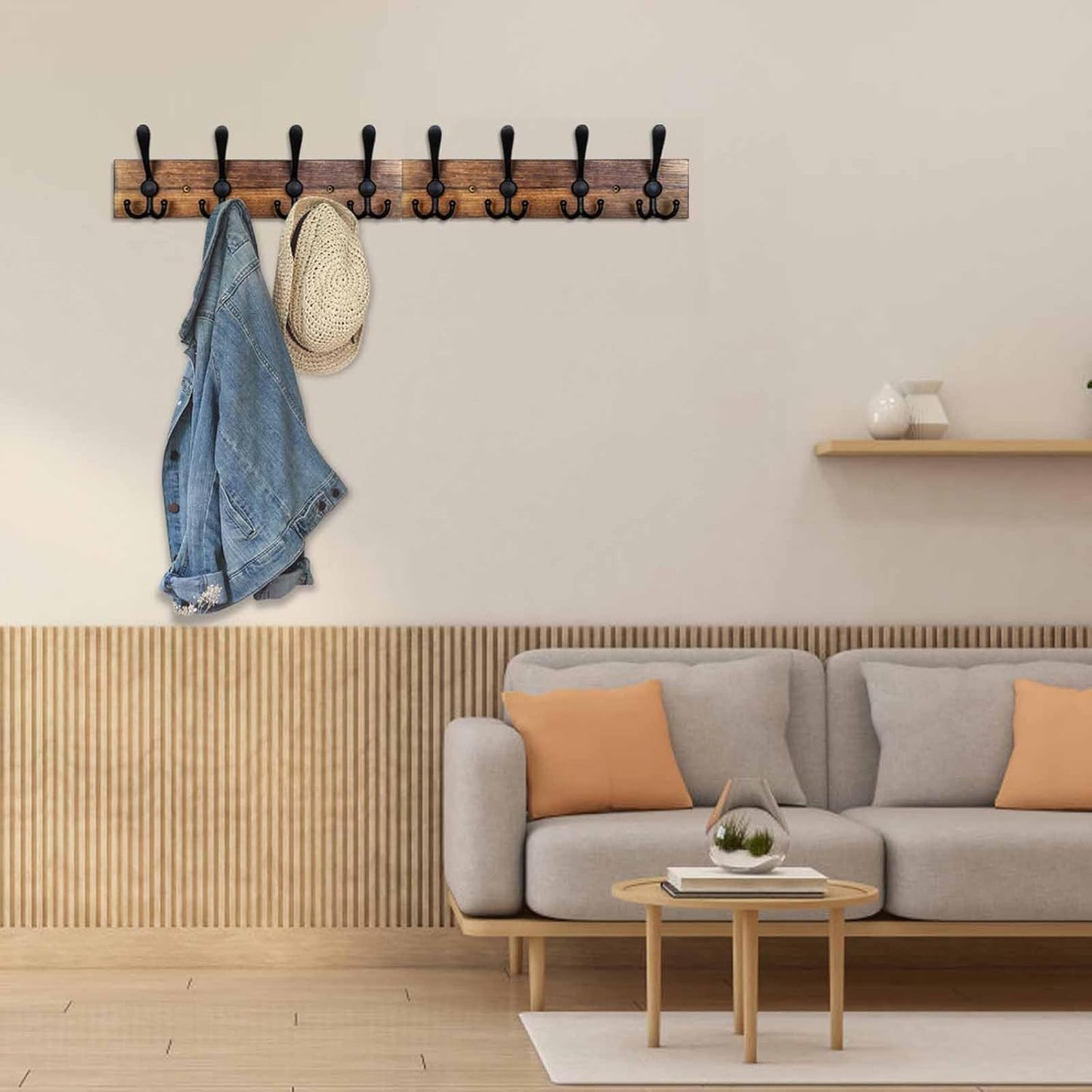 Coat Rack Wall Mount 31.5'' Coat Hanger Wall Mount / 1 Item-8 Hooks / Burnt Brown Plate & Black Hook
