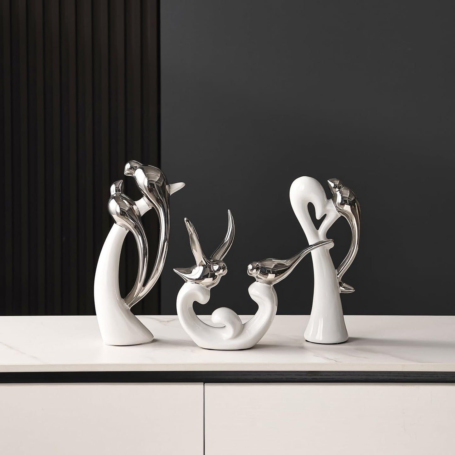 Ceramic Statues / White and Silver / Set of 3