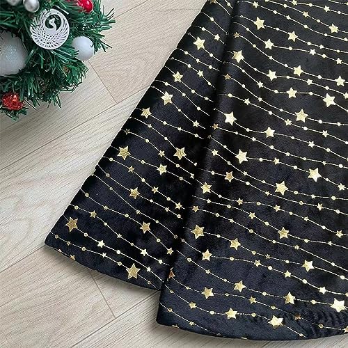 Christmas Tree Skirt Velvet Black 48 inch Large Soft Christmas Tree Mat with Gold Star Pattern for Indoor Outdoor Xmas Holiday Party Decoration