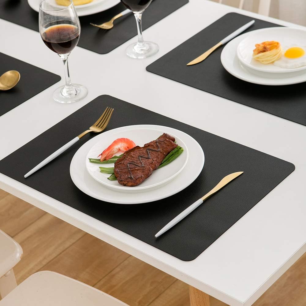 DOLOPL Black Placemats Set of 6, Faux Leather Place Mats, Modern Dining | Leather-look,Wipeable & Washable, Heat