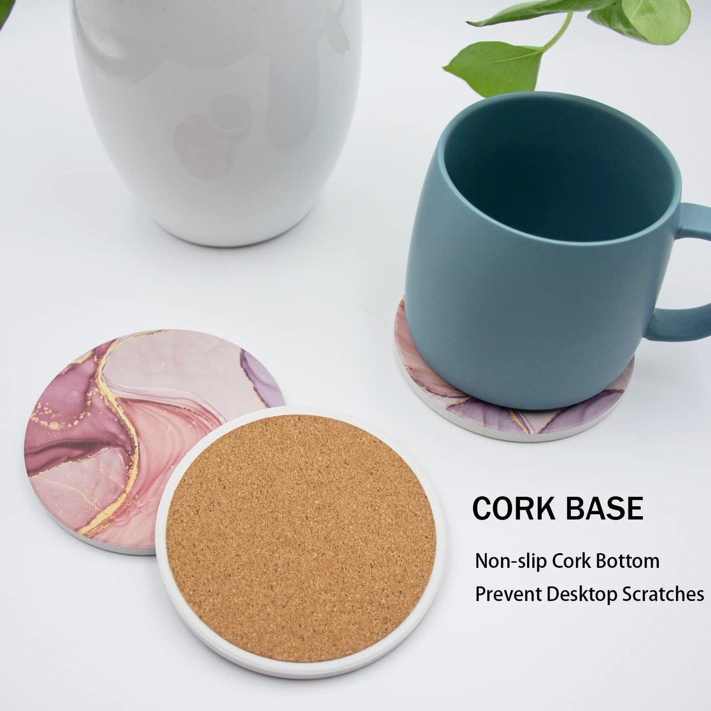Gold Holder and Cork Base Round Decorative Tabletop / Pink / Set of 6