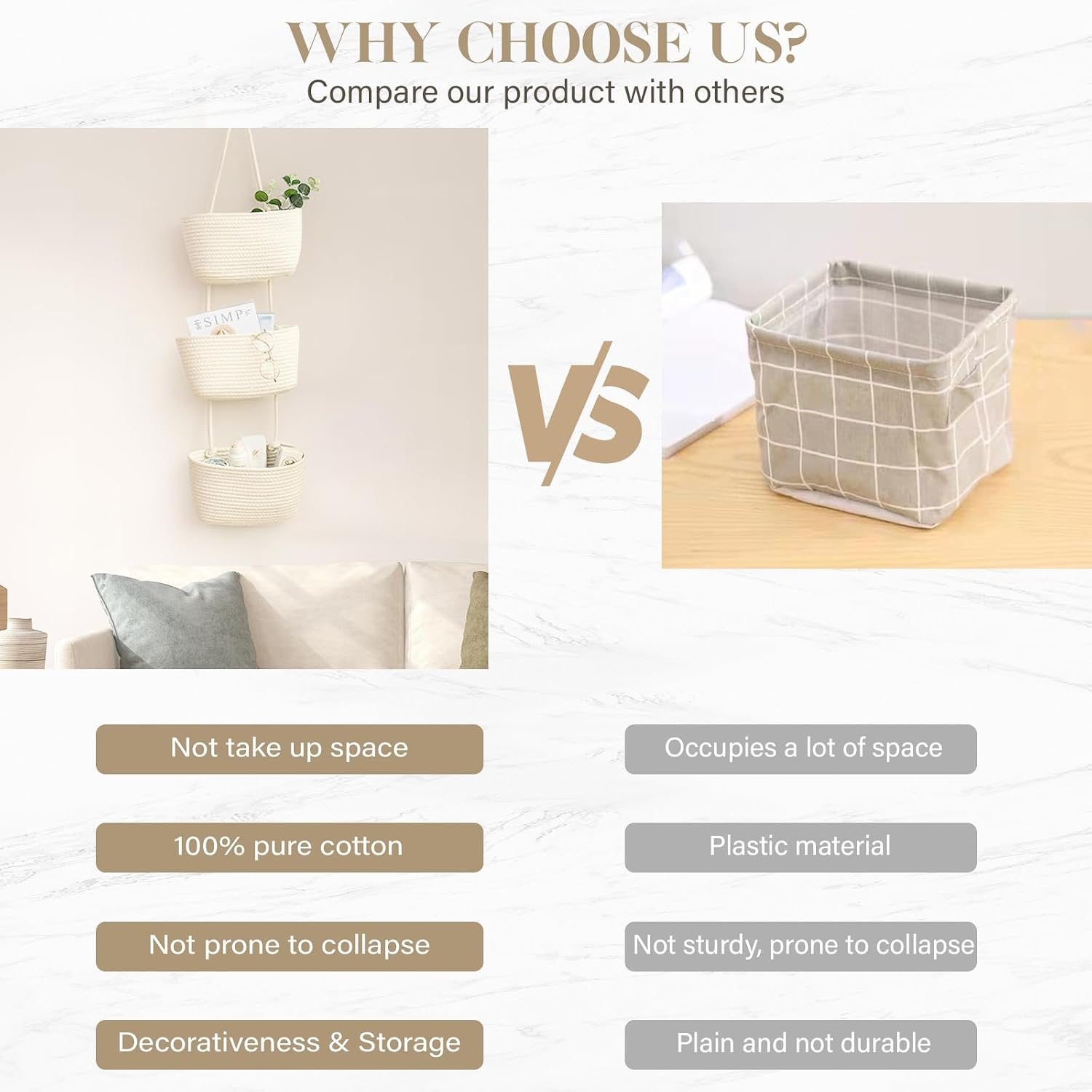 3-Tier Woven Cotton Wall-Mounted Storage Organizer Bag Decorative Hanging Nursery / White
