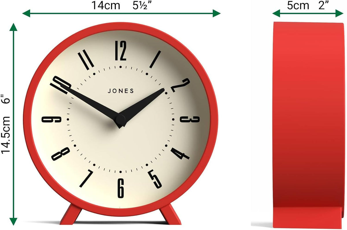 JONES CLOCKS® Venus Desk Clock | Modern Round Design | Red | Stylish Retro Look for Shelf, Table, Mantel or Bedside