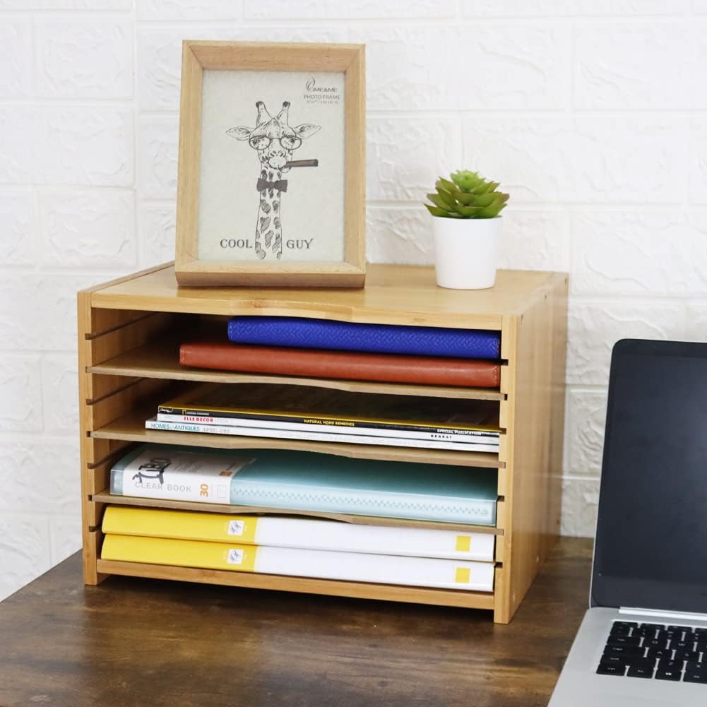 WKWKER File Organizer with 3 Adjustable Shelves Bamboo Document Letter Tray Paper File Sorter for Desktop Office Home