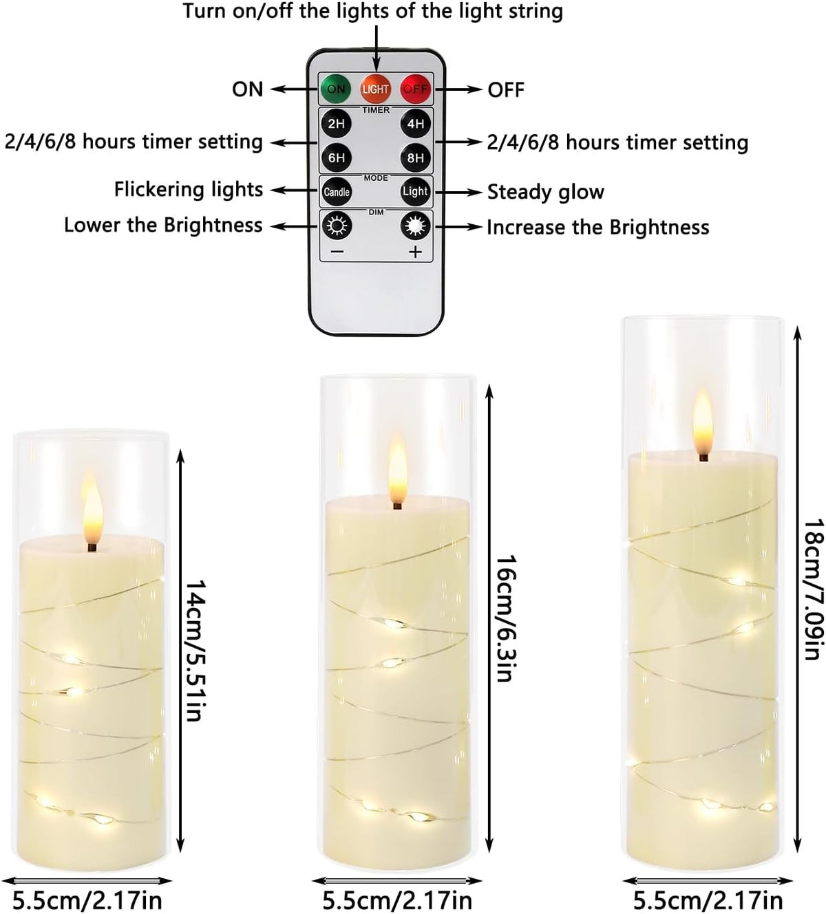 24 Pcs LED Flameless Candles with Remote, 3D Flickering Flame & LED String Lights, Acrylic Clear Cylinder, Timer