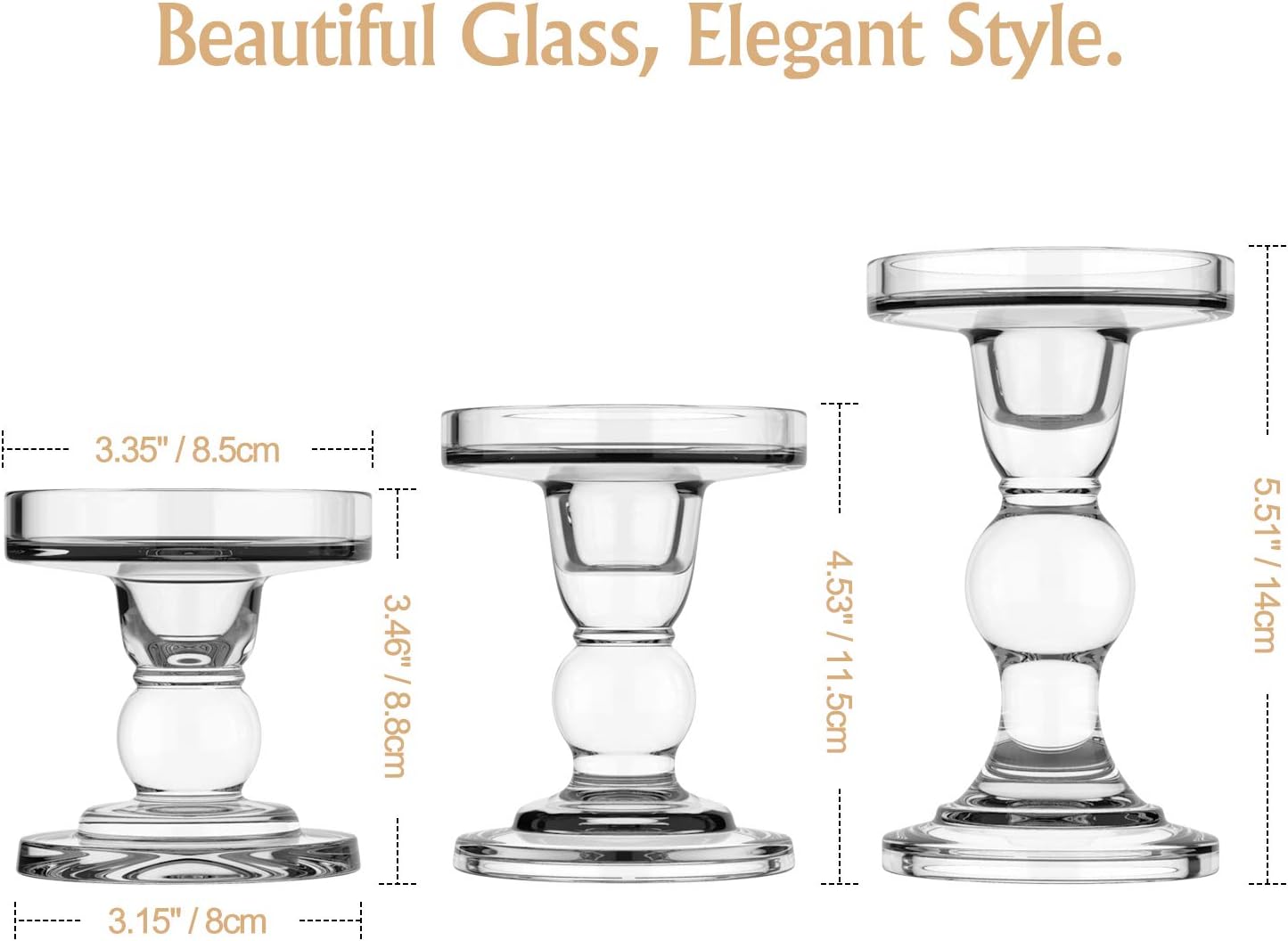Lewondr Glass Candle Holders, Pillar Candle Holder, 3 Pcs, Crystal Clear | 5.5" 4.5" 3.5" Height, Glass Candlestick