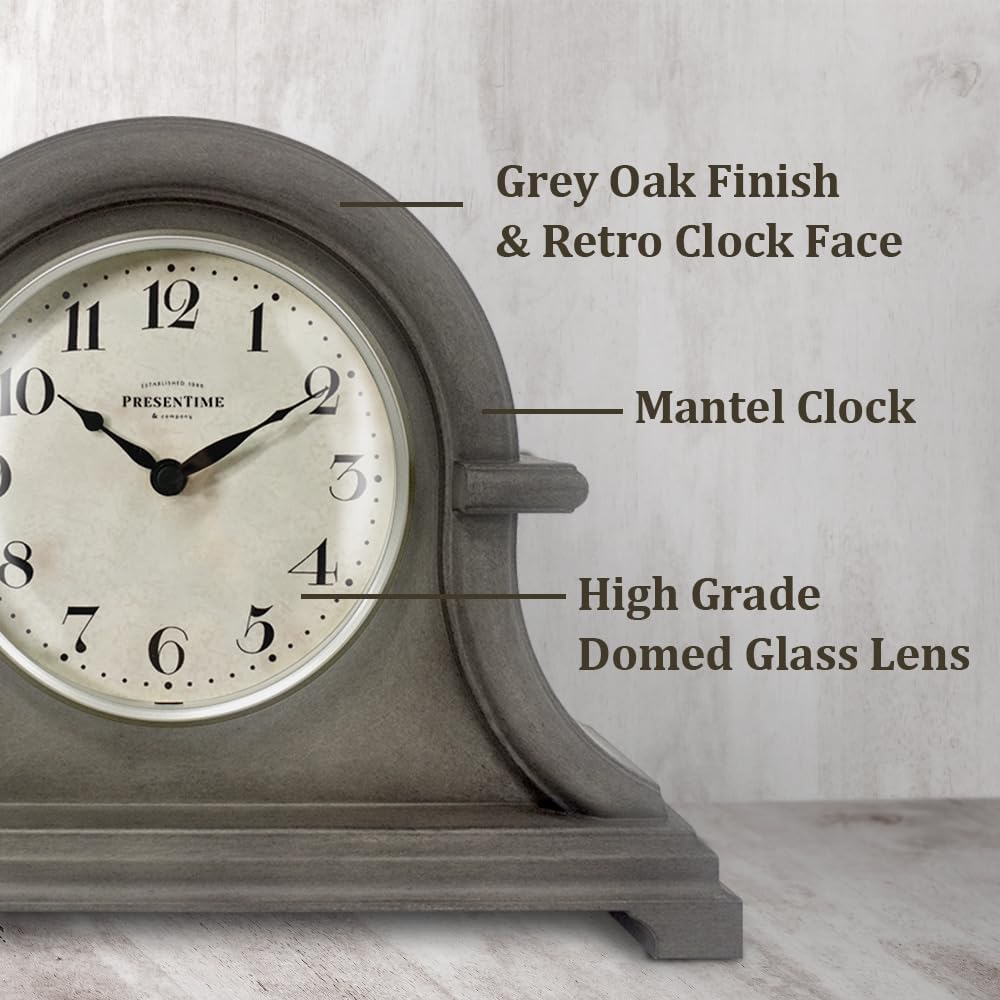Mantel Clock Vintage Farmhouse Series | Napoleon Desk & Shelf Clock, 13 x 10", Domed Lens, Quartz Movement, Gray Oak