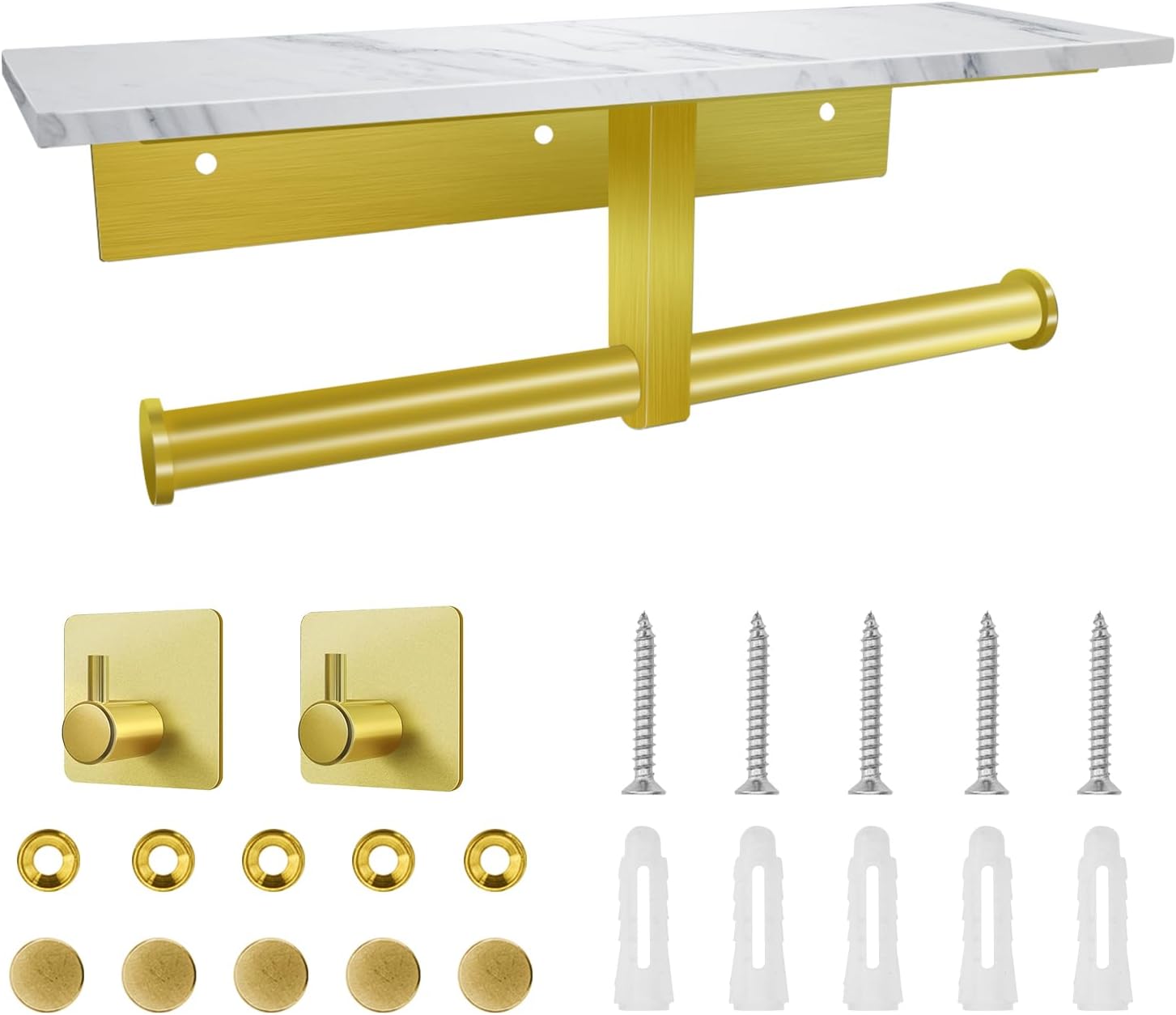 Toilet Paper Holder with Shelf, Double Toilet Paper Holder Wall Mount and 2PCS Free Adhesive Hooks for Bathroom