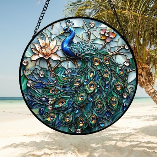Peacock and Lotus Stained Glass Window Hanging Suncatcher Gifts Decor 15"