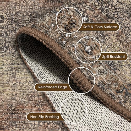 Washable Area Rug 8' x 10' Vintage Traditional Persian Mat - Foldable Distressed Non-Slip Machine Washable Carpet for
