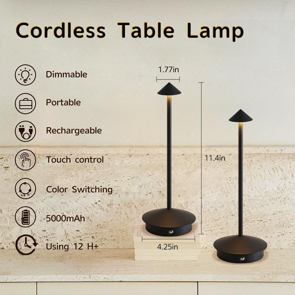 EJQ 2 Pack LED Rechargeable Cordless Table Lamps,Portable Outdoor 5000mAh Battery Operated Table Light Touch Control 3