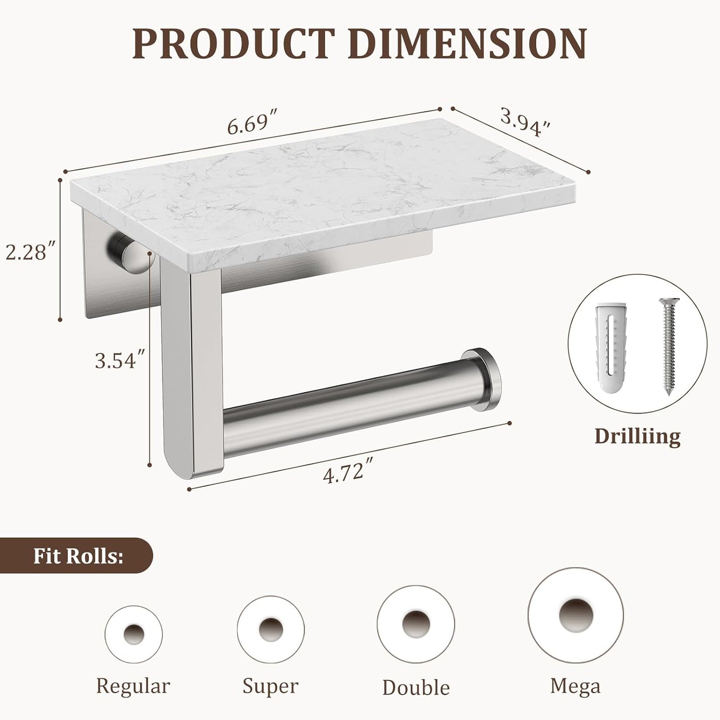 BWE Brushed Nickel Toilet Paper Holder with Marble Shelf Wall Mounted | Toilet Paper Roll Holder with Phone Shelf 304