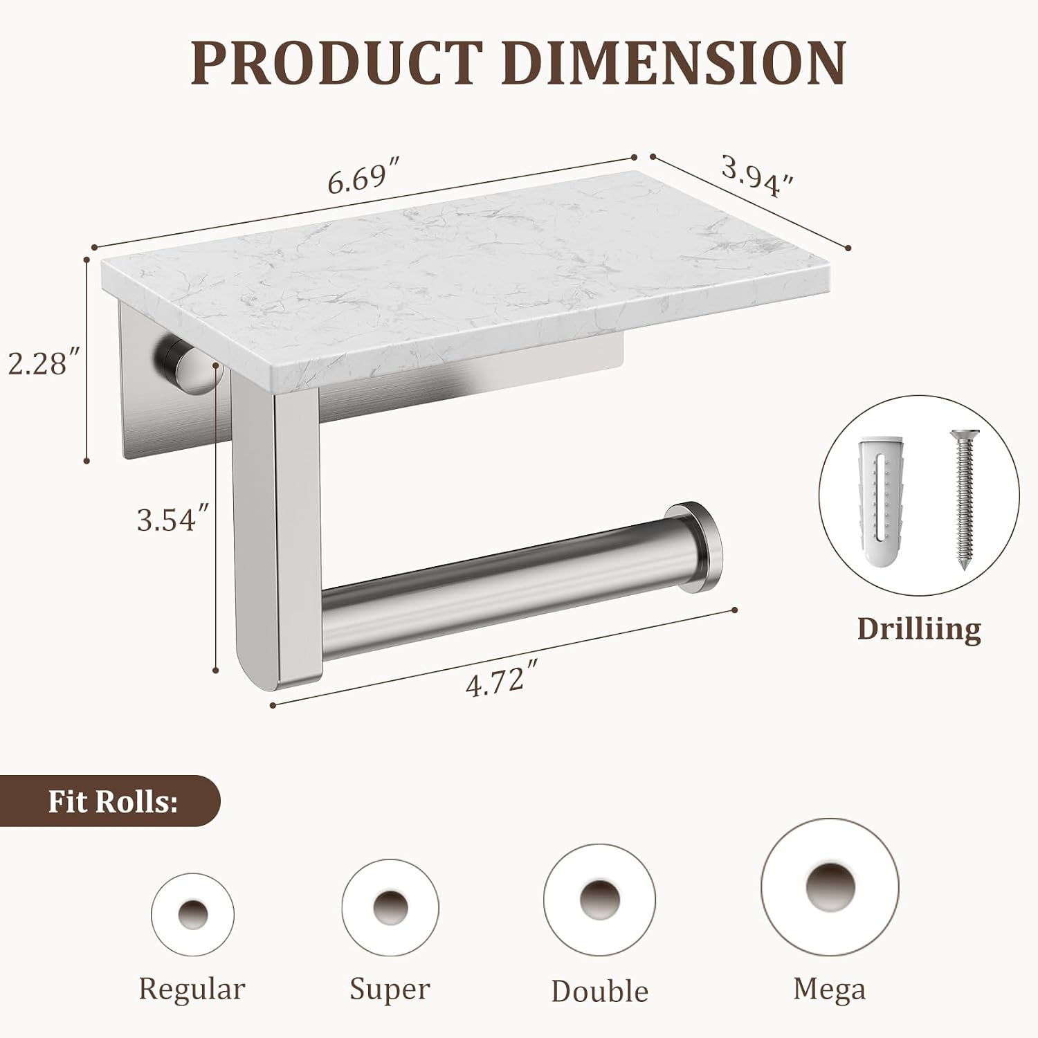 BWE Brushed Nickel Toilet Paper Holder with Marble Shelf Wall Mounted | Toilet Paper Roll Holder with Phone Shelf 304