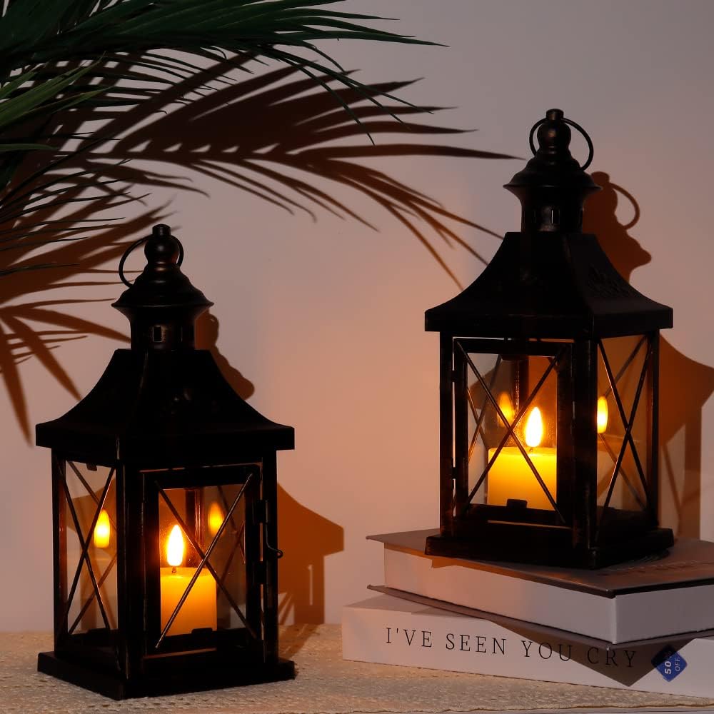 TRIROCKS Set of 2 Decorative Candle Lantern 11'' High Metal Candle Holder Hanging Lantern Perfect for Home Decor