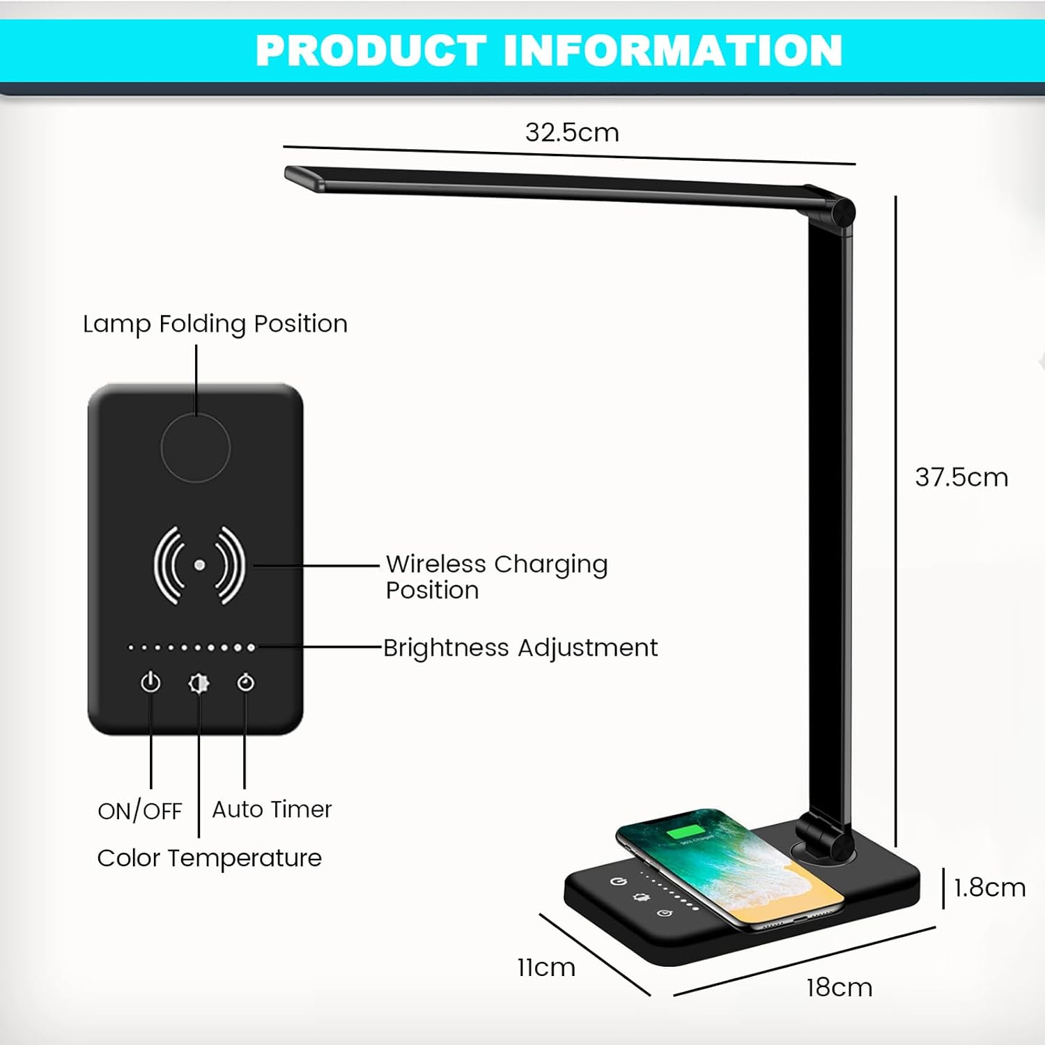 LED Desk Lamp with Wireless Charger, USB Charging Port, 10 Brightness, 5 Color Modes, Desk Lamps for Home Office