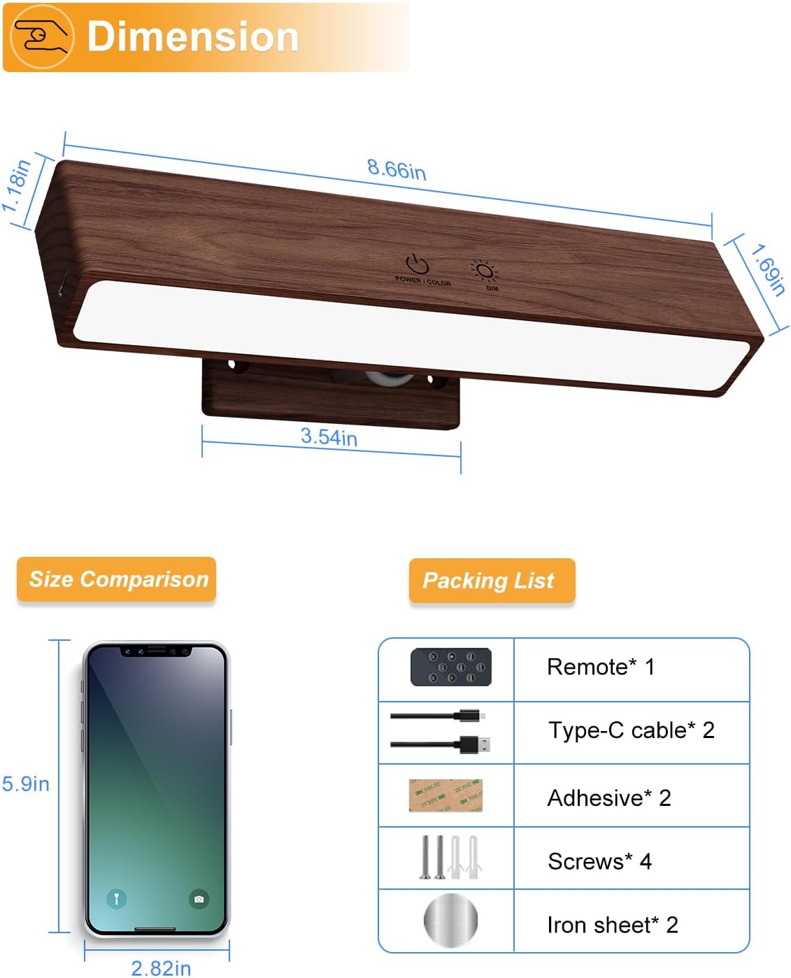 Rechargeable Wood Wall Sconce (2 Pack) with Remote & Touch, 5200mAh Battery Operated Wall Lights with 3 Color