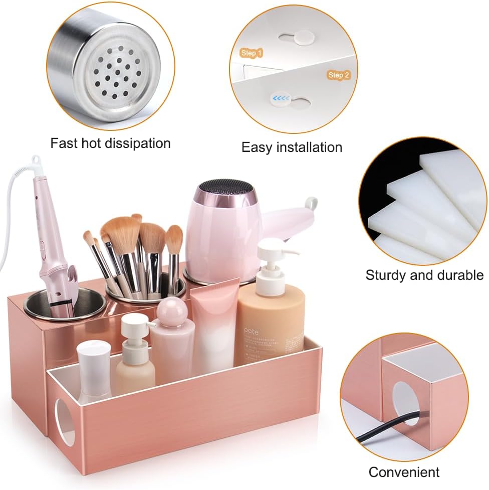 GFWARE Hot Hair Styling Tool Organizer with 3 Stainless Steel Cups, Pink | Bathroom Vanity Organizer Storage, Hair