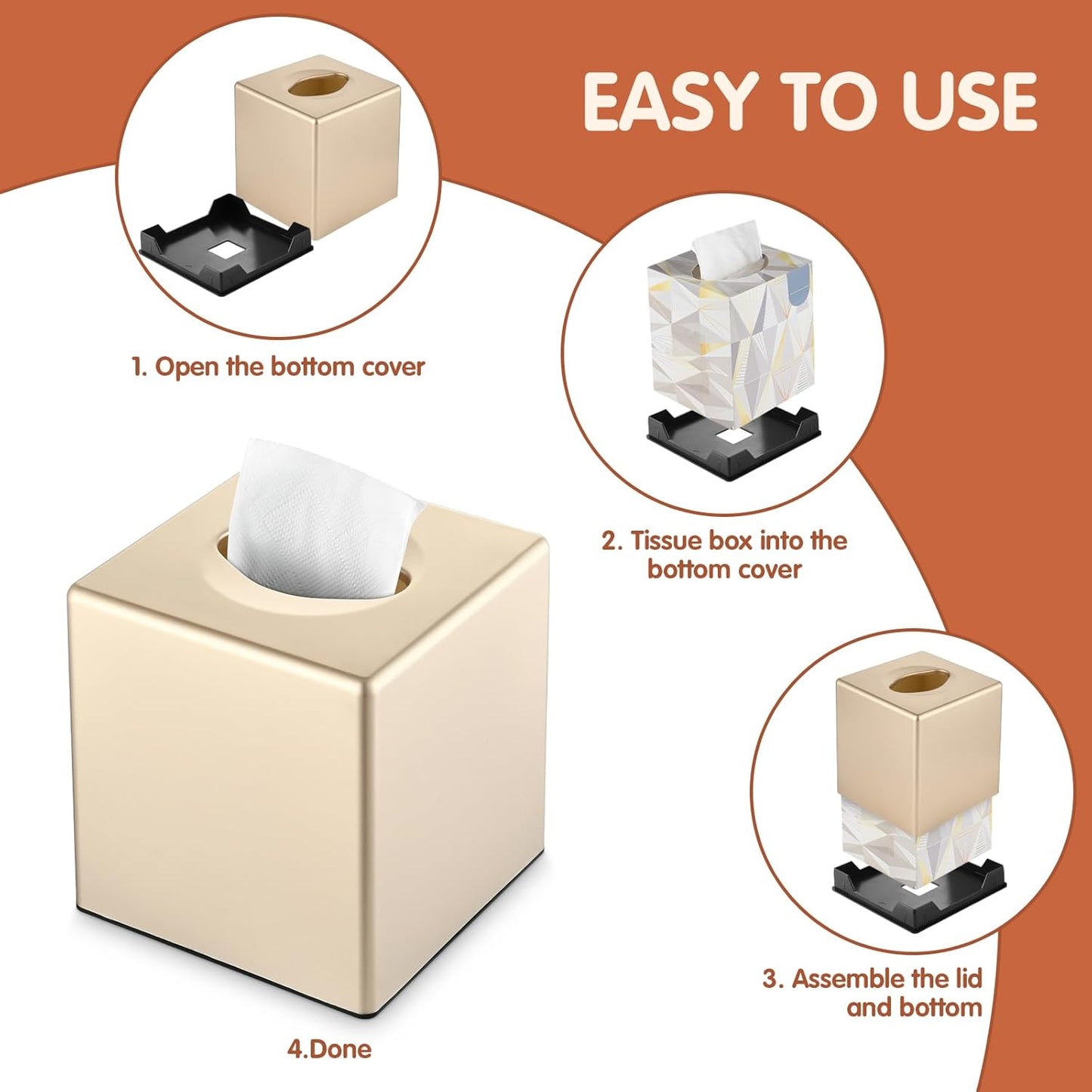 Decorative Modern Square Facial Storage Tissue Box Holder / Champagne Gold