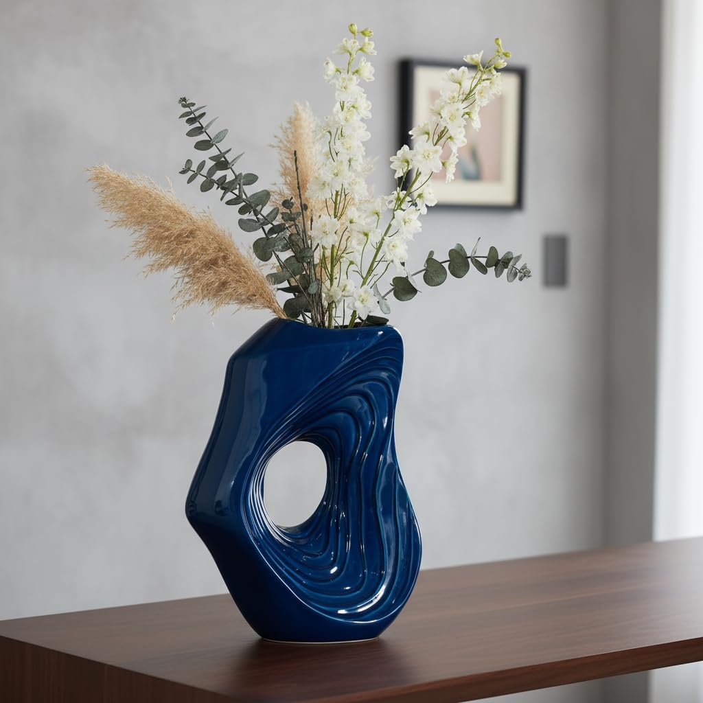 Ceramic Vase / Tall Modern Decorative Flower Vase / Blue / 11 Inch