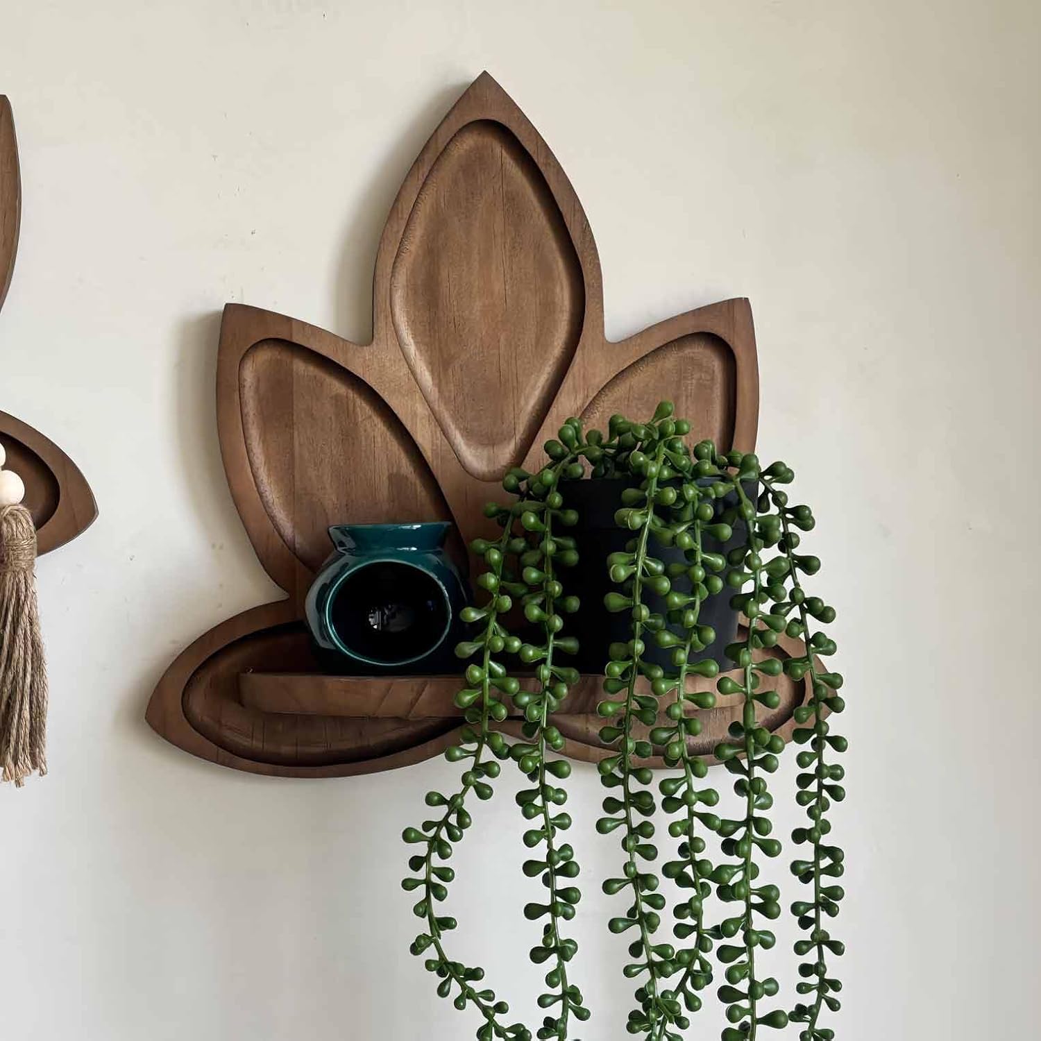 Small Carved Lotus Flower Wooden Floating Wall Shelf / Walnut