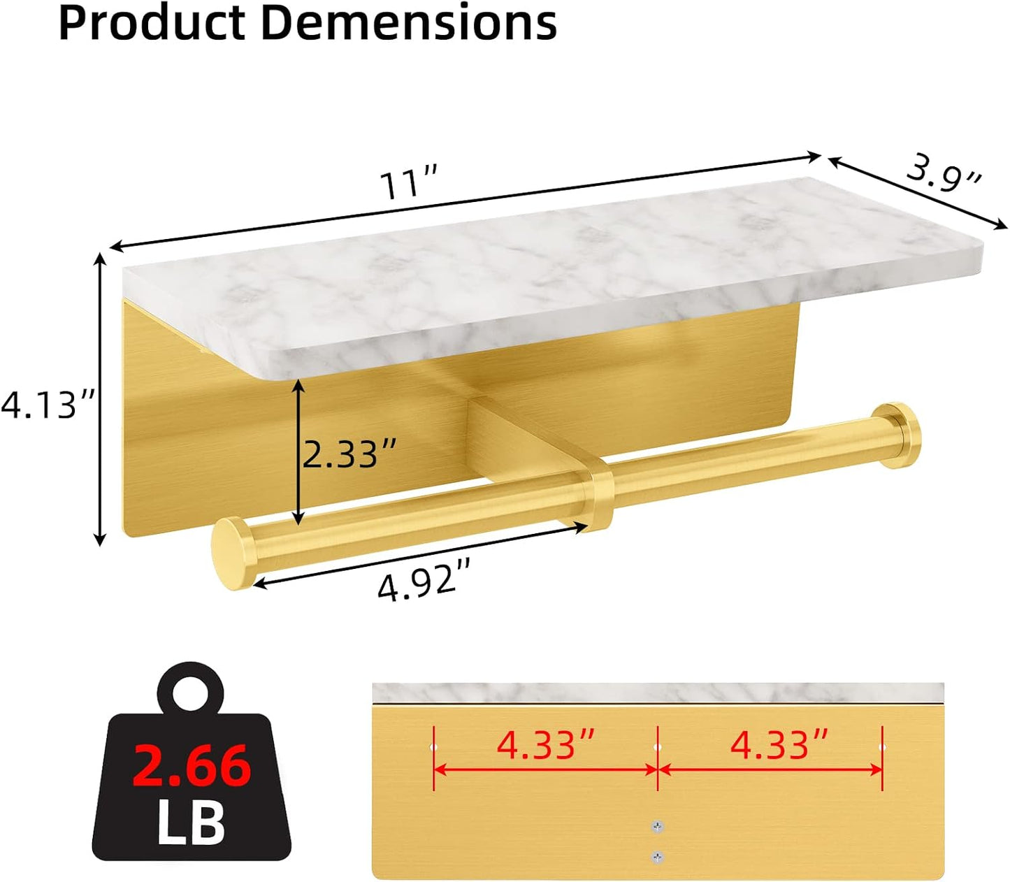 Gypie Brushed Gold Toilet Paper Holder with Marble Shelf, Double Rolls | Toilet Paper Holder with Storage, Toilet Paper