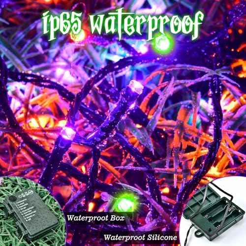 Halloween Lights String Total 100LED Battery Operated Outdoor 8 Modes with Timer 16.4Ft*2, 50LED*2 Waterproof Fairy Lights Indoor for Halloween Decor, Orange&Purple&Green, 2-Pack