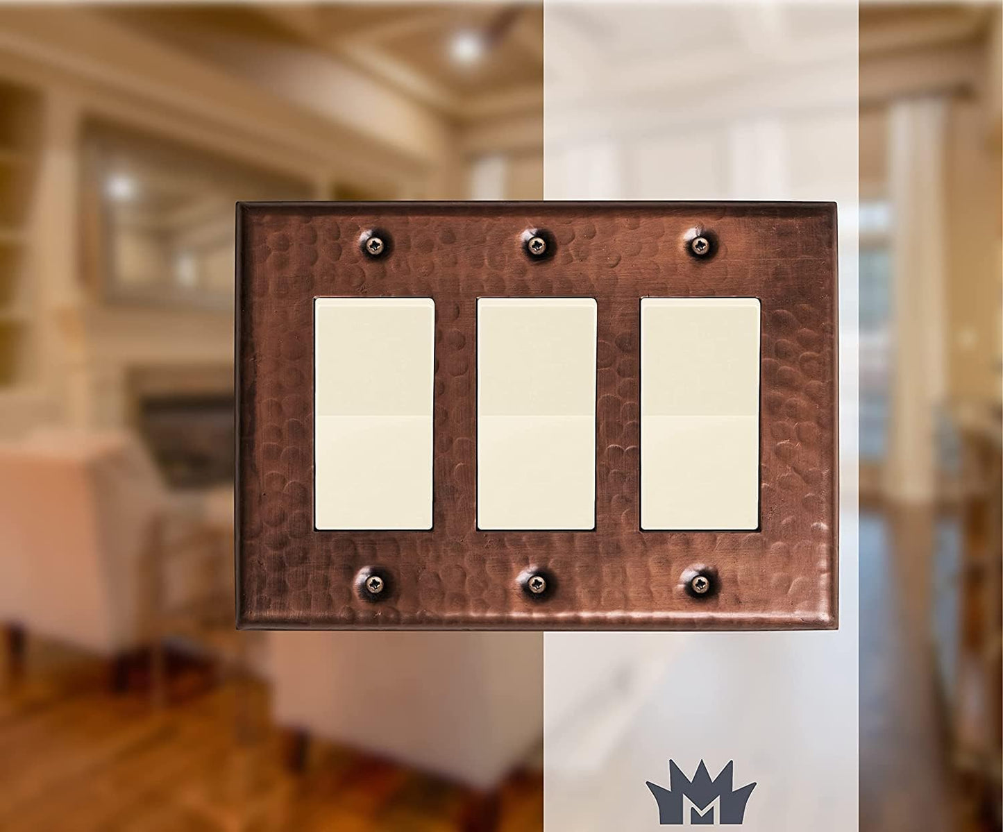 Monarch Abode Rocker Light Switch Cover Plate – 3-Gang Pure Copper Decorator Wall Plates, Hand Hammered Decorative