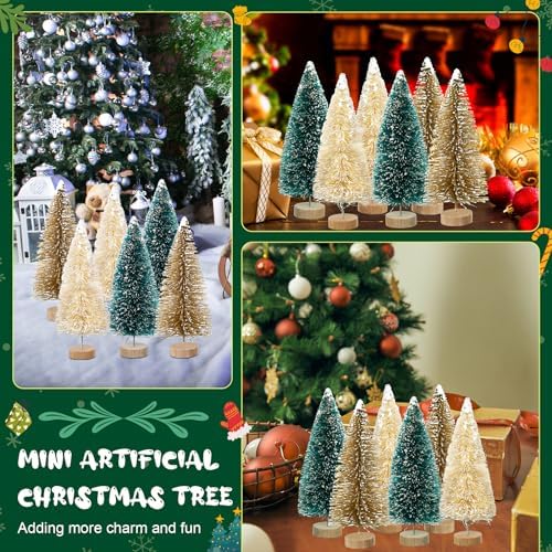 24 Pcs 4 Inch Mini Christmas Tree Bottle Brush Trees Artificial Frosted Sisal Christmas Tree with Wood Base for Christmas Decoration and Display Home Tabletop (Gold, Cyan, Beige)