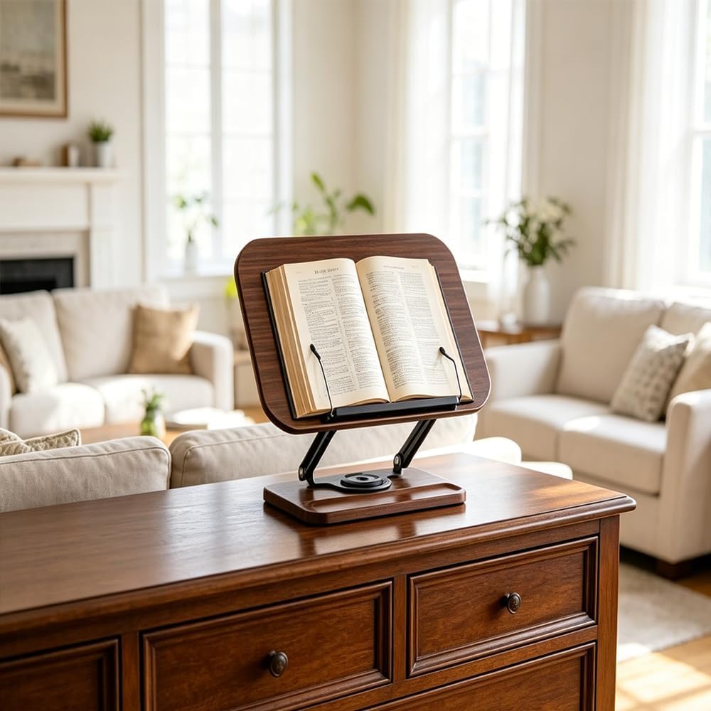 Book Stand for Reading, 360° Rotating Book Holder for Desk, Heavy Duty Bible Stand with Page Clips, Adjustable Height