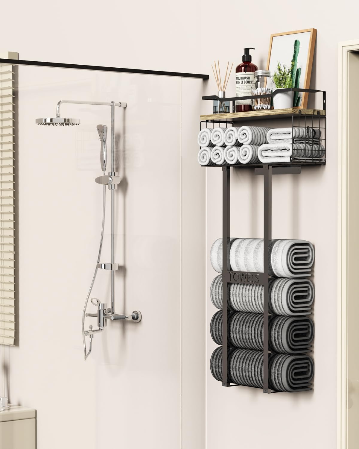 Aetyord Towel Racks for Bathroom - Wall Mounted Metal Rack with Wood Plank, Bathroom Storage Organizer, Towel Holder