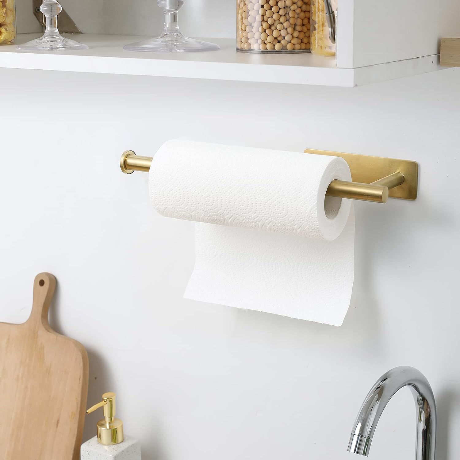theaoo Under Cabinet Paper Towel Holder for Kitchen, Adhesive, 2 Pack Gold | Self-Adhesive or Screw Mount for Cabinets