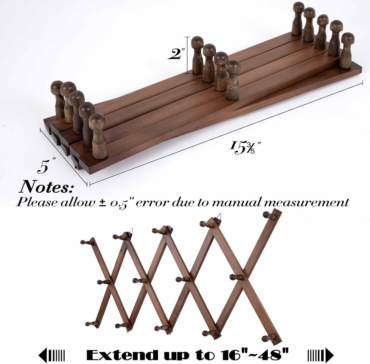 SCUNDA 16 inch High Accordion Wall Hanger with 14 Hooks, Wooden Wall Expandable Coat Rack for Coat, Hats, Baseball