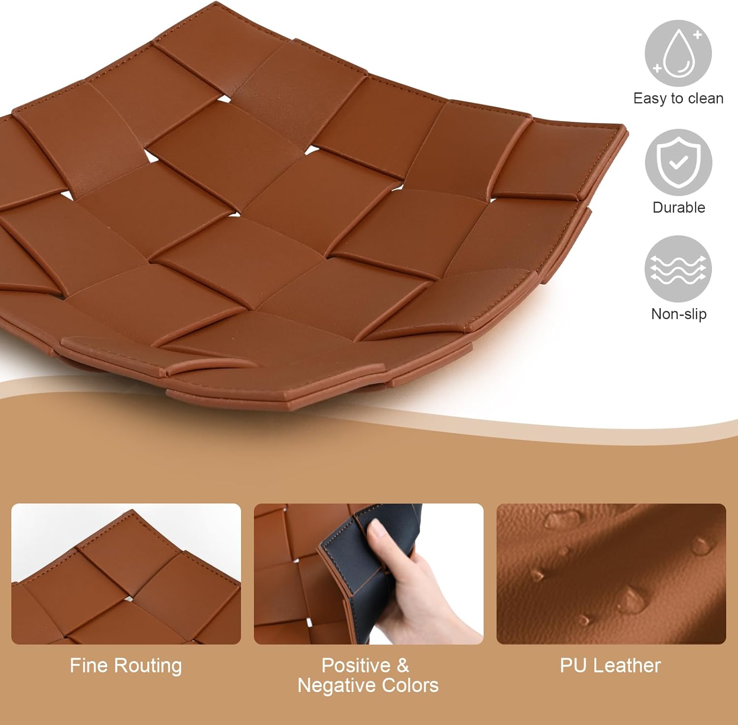 Valet Tray PU Leather Key Holder Bowl for Men Entryway Table Nightstand Desk Tray / Brown + Black