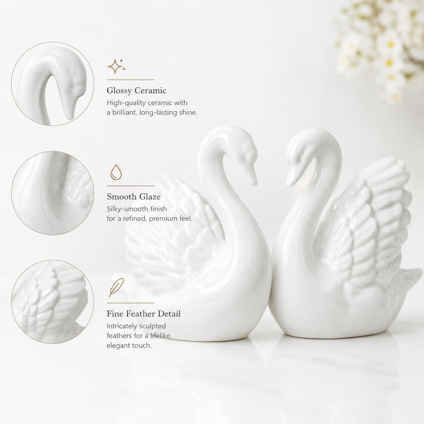 Ceramic Swan Figurines / White / 3.9 x 3.3 / Set of 2