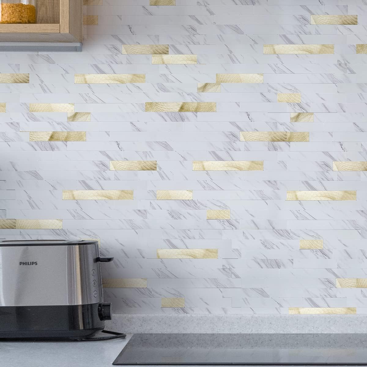 10-Sheet Peel and Stick Backsplash Tile / White Slate with Gold Studded / 13.4 x 11.8 / Set of 10