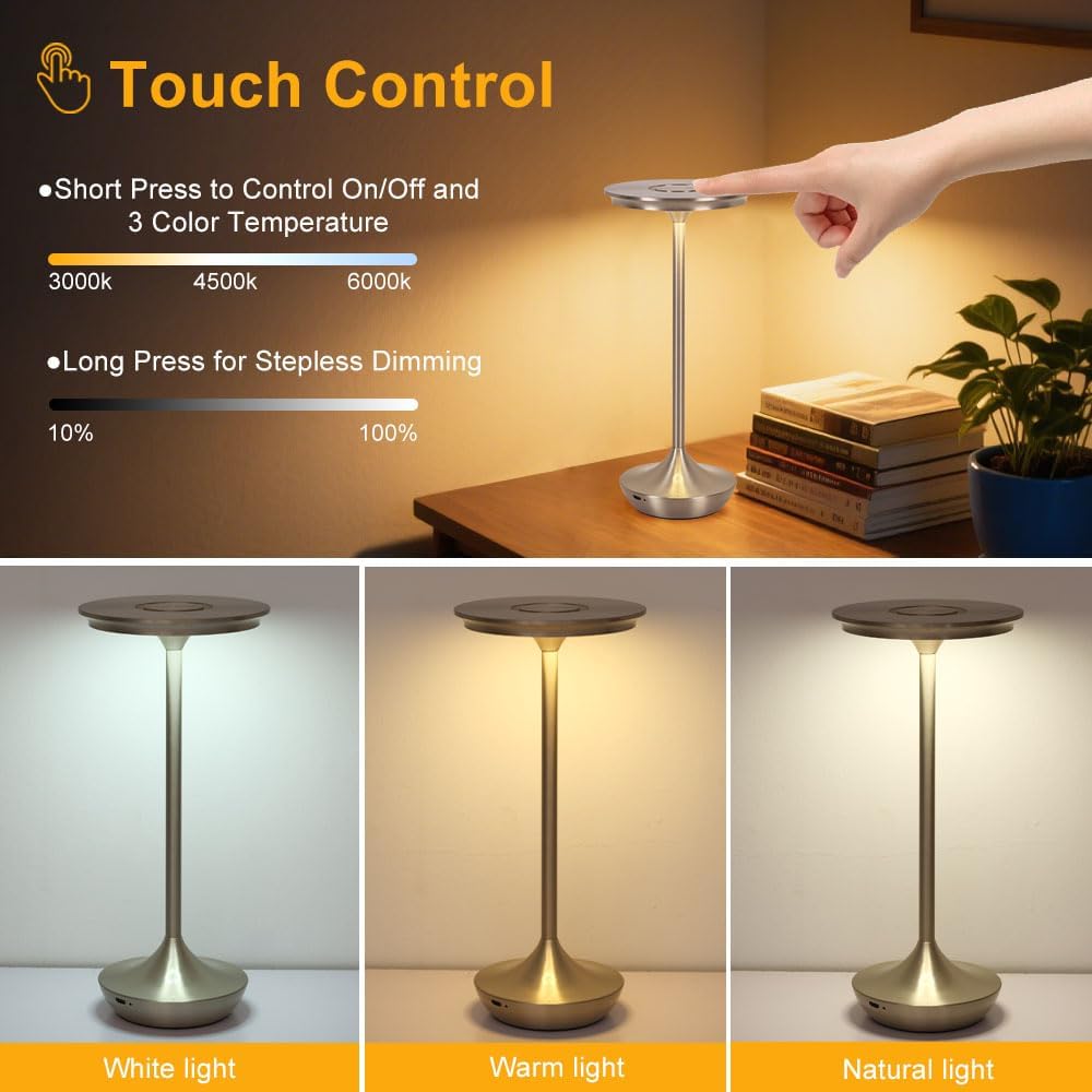 EJQ Cordless Table Lamp Rechargeable, 6000mAh Battery Operated LED Table Lights Outdoor Portable Touch Dimmable Table
