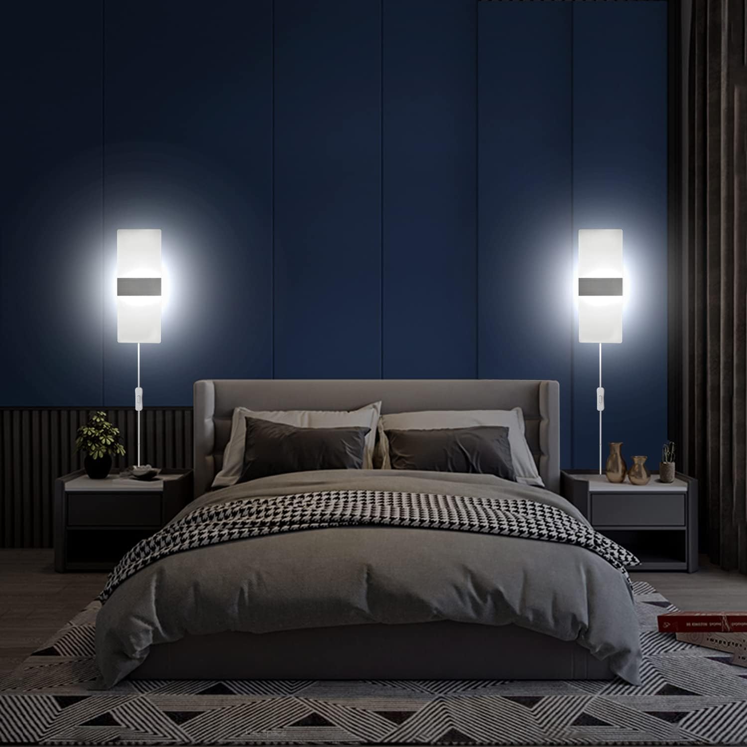 KICAAO Modern Wall Sconces Set of Two, Plug in 10W 6000K Cool White | Acrylic Wall Lights with 6FT/180cm Plug in Cord
