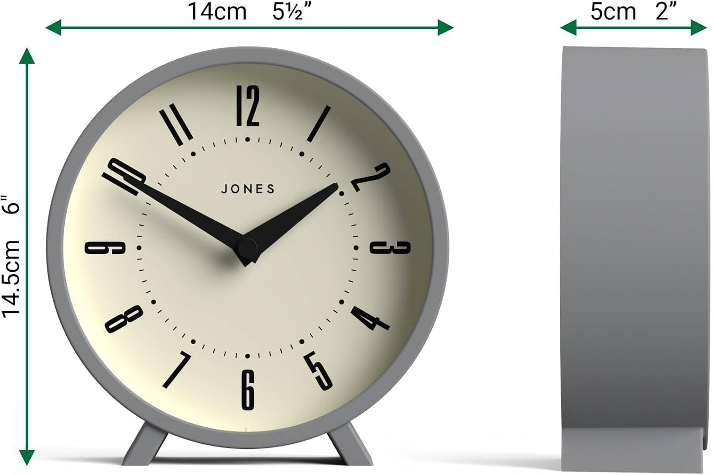 JONES CLOCKS® Venus Desk Clock | Modern Round Design | Gray | Stylish Retro Look for Shelf, Table, Mantel or Bedside