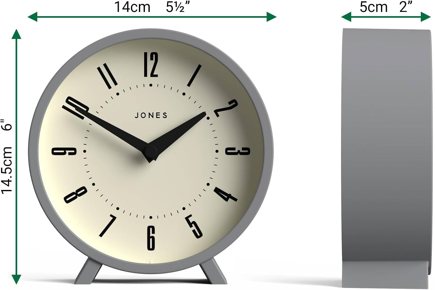 JONES CLOCKS® Venus Desk Clock | Modern Round Design | Gray | Stylish Retro Look for Shelf, Table, Mantel or Bedside